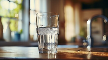 A glass of water on the kitchen counter - obrazy, fototapety, plakaty