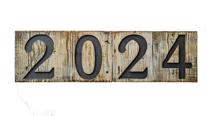 Silvester New Year, New Year's Eve 2024 party event celebration holiday greeting card template - Wooden rustic board with wood 3d year number, isolated on transparent background png, letterpress