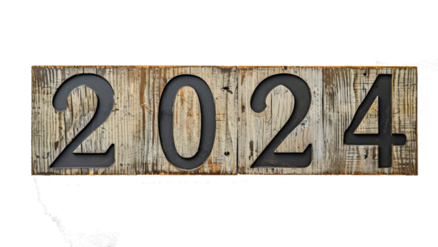Silvester New Year, New Year's Eve 2024 party event celebration holiday greeting card template - Wooden rustic board with wood 3d year number, isolated on transparent background png, letterpress