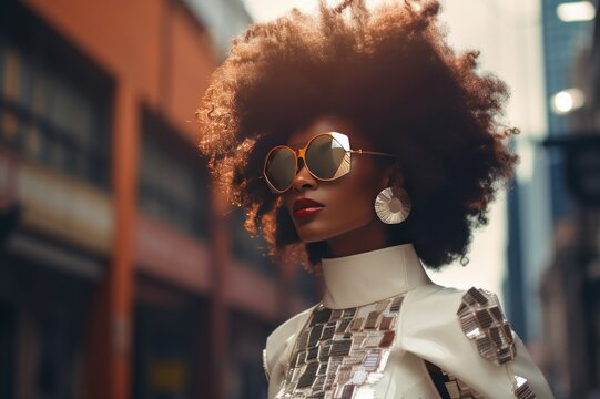 Stylish Afro woman in sunglasses on city street. Urban fashion portrait, summer lifestyle.