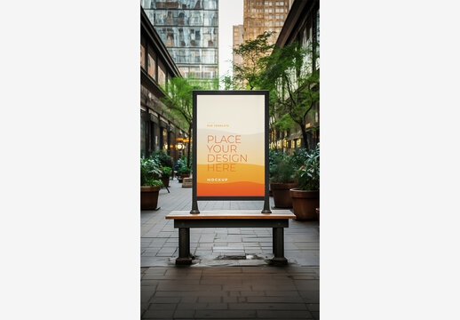 City Street Billboard Mockup Template with White Sign, Tall Buildings, Potted Plants, and People