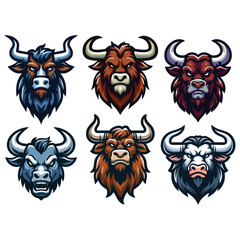 set of wild strong animal bull head face mascot design vector illustration, logo template isolated on white background