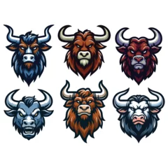 Fotobehang set of wild strong animal bull head face mascot design vector illustration, logo template isolated on white background © lartestudio
