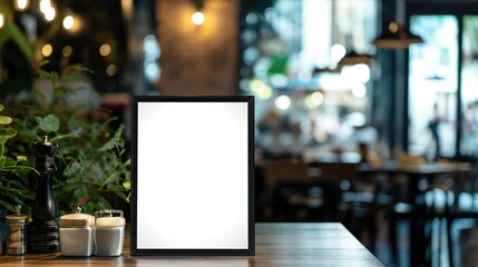 Blank white poster with black frame stand in front of blur restaurant cafe background for show or present promotion concept. - obrazy, fototapety, plakaty