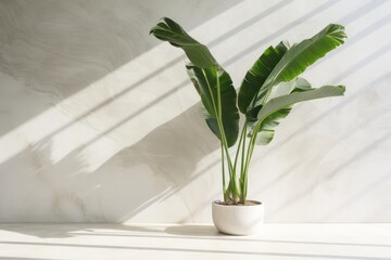 minimal green tropical banana palm tree potted plant throwing shadow on white marble wall copy space left apartment interior