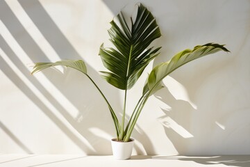 minimal green  tropical banana palm tree potted plant throwing shadow on white marble wall copy space interior