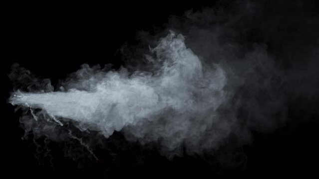 A breathtaking video of a billowing jet of smoke. Against a profound black backdrop, this visually striking footage captures the dynamic display of smoke, all integrated with an alpha channel.