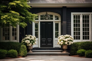 black front door in suburban house with green plants decor. Classic modern suburbs building townhouse facade. - Powered by Adobe