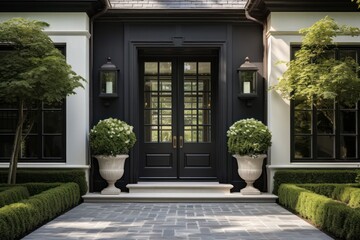 black front door in suburban house with green plants decor. Classic modern suburbs building townhouse facade.