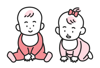 お座りをする男の子とハイハイをする女の子の赤ちゃんセット