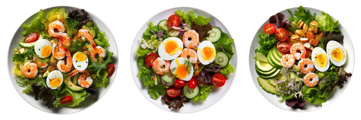 Rich plates of salad from green leaves mix and vegetables with avocado or eggs, egg and shrimps top view slated on white background