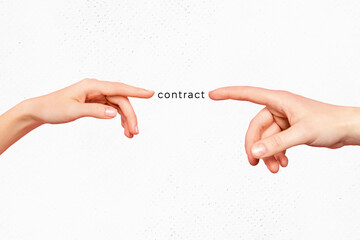 Creative collage picture illustration two human hands try touch renaissance vintage gesture finger point contact empty background