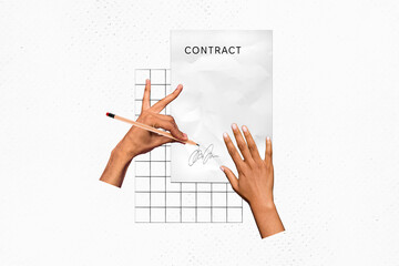 Photo creative collage poster banner illustration human arms signing contract work employment...
