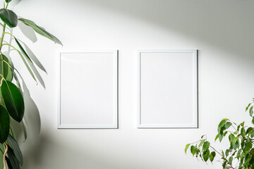 Blank white frames and houseplant against white wall