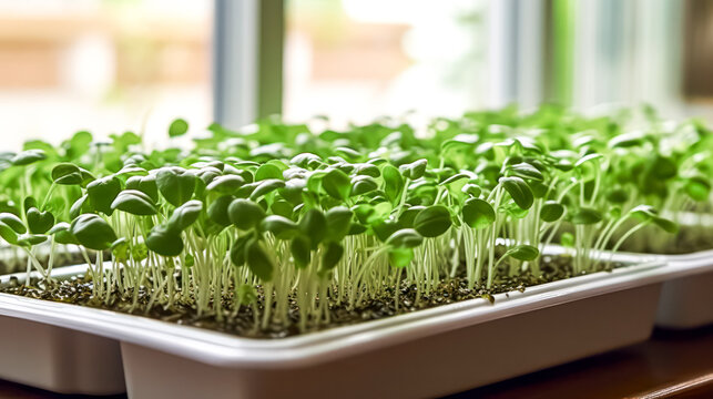 Homegrown microgreens for healthy eating. A stock photo capturing the essence of cultivating fresh greens at home, promoting well being naturally