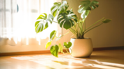 Monstera, a tropical houseplant with large leaves. A stock photo capturing the lush beauty of indoor greenery, perfect for home decor concepts.