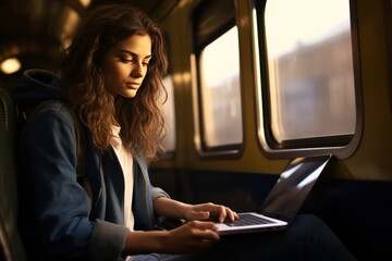 female freelancer working on laptop in a train sitting near window. Digital nomad. Work on the move, modern fast living lifestyle.