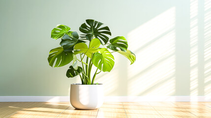 Fototapeta na wymiar Monstera, a tropical houseplant with large leaves. A stock photo capturing the lush beauty of indoor greenery, perfect for home decor concepts.