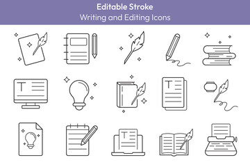 Creative writing and editing line icons set. Copywriting outline symbols with editable stroke. Pencil, typewriter, notepad, book isolated symbols