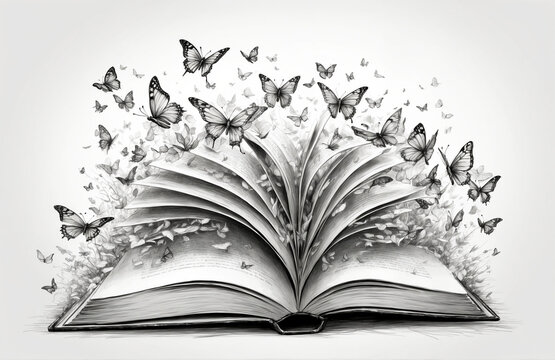 Black and white photo. Butterflies fly out of the book.