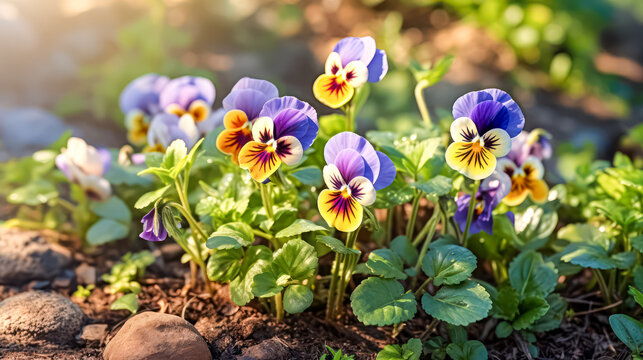 Violet tricolor spring flowers in the garden. A vibrant stock photo capturing the essence of blooming beauty, perfect for seasonal inspirations