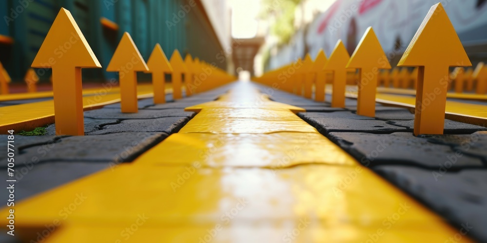 Aufkleber a row of yellow arrows on a street. this image can be used to depict direction, navigation, or traff