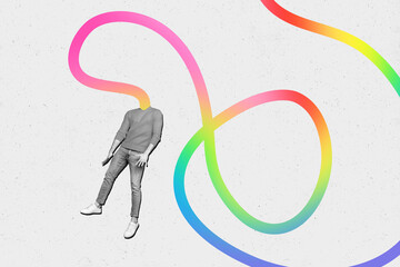Photo artwork collage picture standing young headless man rainbow stripe instead head lgbt freedom...