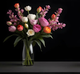 Beautiful colorful tulips flowers in glass vase on black background