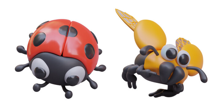 3D ladybug and scarab closeup. Creative illustrations of insects. Different types of bugs. Vector characters for digital game, website, app. Color templates of beetles
