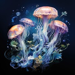 Fototapeta na wymiar Beautiful art jellyfish painting illustration. Jellyfish glows luminescent art. Interior design art. Fairytale art jellyfish under water print for printing on clothes, paper, fabric, stationery, books