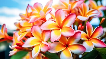 Plumeria, a tropical beauty, popular in Hawaii. A captivating stock photo capturing the allure of blooming flowers for a touch of paradise