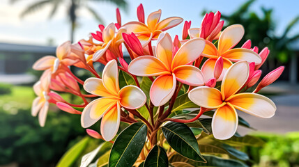 Obraz na płótnie Canvas Plumeria, a tropical beauty, popular in Hawaii. A captivating stock photo capturing the allure of blooming flowers for a touch of paradise