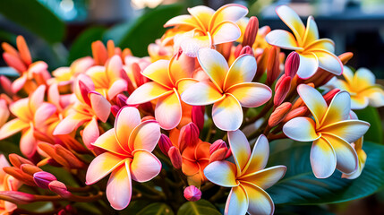 Plumeria, a tropical beauty, popular in Hawaii. A captivating stock photo capturing the allure of blooming flowers for a touch of paradise