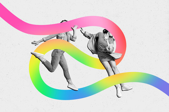 Creative picture collage banner two happy person dancing jumping enjoy freedom rights equity lgbt rainbow diversity white background