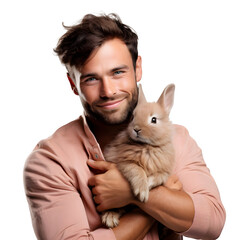Happy young man with hugging cute rabbit, smiling as pet owner holding rabbit with love and care in studio, isolated on transparent background Generative AI	