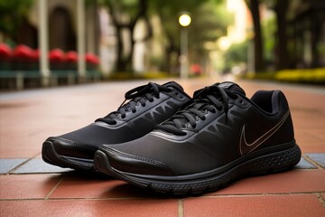 Healthy athlete tying shoelaces in front of black water bottle before track race in the public park