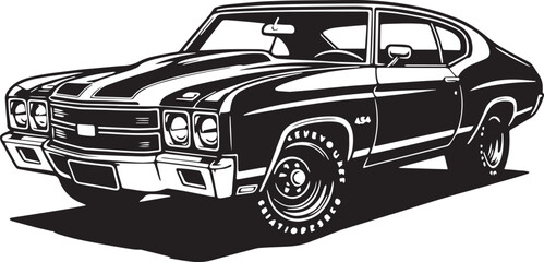 1970s Muscle Car  in a black vintage 454 style, designed to be smooth, polished, and classic car Vector SVG Line art - obrazy, fototapety, plakaty