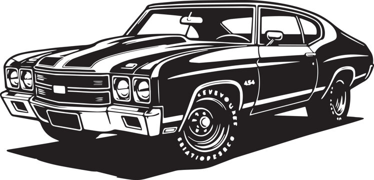 Fototapeta 1970s Muscle Car  in a black vintage 454 style, designed to be smooth, polished, and classic car Vector SVG Line art