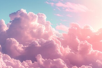 A dreamlike cloudscape with vibrant pink and soft white hues, resembling cotton candy. - obrazy, fototapety, plakaty