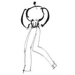 Hand Drawn Fashion Designer Illustration.Fashion Model Illustration, Stylish Sketch.Hand drawn outfit look.Fashion Designer Style. Placement Print. Woman fashion look. Minimal Print. Poster Print