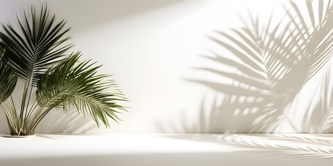 3d palm shadow overlay, empty room with sunlight and shadow from palm leaves on white background, advertising space for product presentation for cosmetics, vacation, holiday, travel, wellness