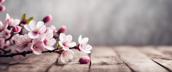 Plum Flowers Blossom on white wood plank with copy space