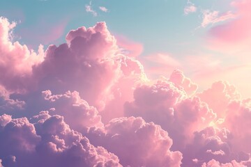 A dreamlike cloudscape with vibrant pink and soft white hues, resembling cotton candy. - obrazy, fototapety, plakaty