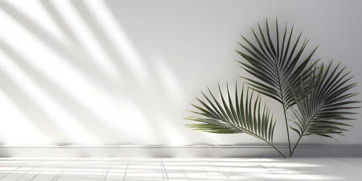 3d palm shadow overlay, empty room with sunlight and shadow from palm leaves on white background, advertising space for product presentation for cosmetics, vacation, holiday, travel, wellness