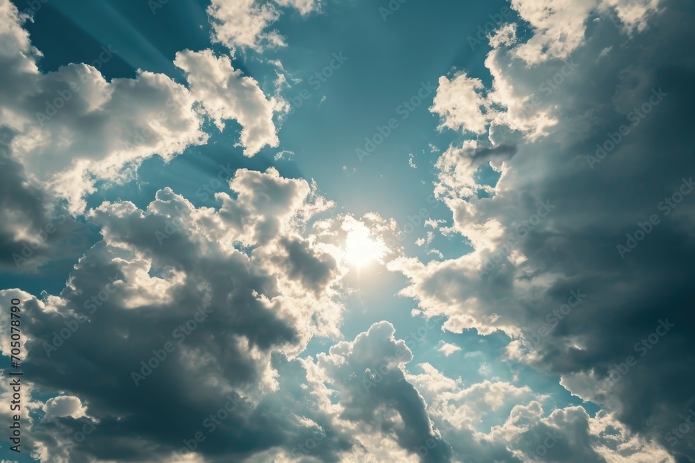 Poster Sun shining through the clouds in the sky. Perfect for nature and weather-related projects