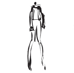 Hand Drawn Fashion Designer Illustration.Fashion Model Illustration, Stylish Sketch.Hand drawn outfit look.Fashion Designer Style. Placement Print. Woman fashion look. Minimal Print. Poster Print