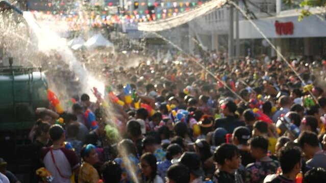 Songkran in Thailand, Traditional Thai New Year Festival. Songkran is inscribed as the UNESCO&rsquo;s Intangible Cultural Heritage event for Humanity from Thailand. People play water and use water guns.