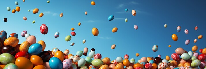 Festive banner with vibrant Easter eggs flying in the air on a beautiful blue background