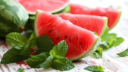 Juicy Watermelon Slices with Fresh Mint on Rustic Background