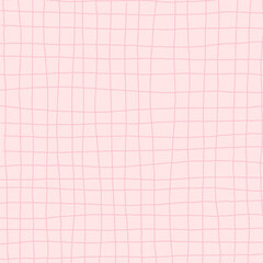 Hand drawn pink plaid pattern. Check, square doodle background. Line art freehand grid. Crossing red stripes brush stroke. Notebook Texture. Abstract Psychedelic print with Wavy Doodle Stripes